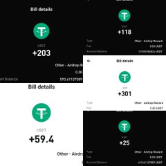 A series of screenshots showing Tether (USDT) transaction details with positive balances in USDT, including amounts of +203, +118, +301, +59.4, and +25.