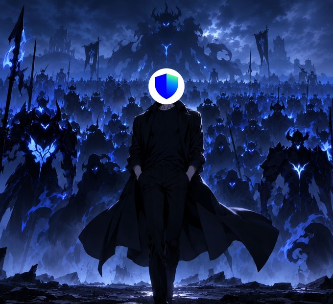 A dark, blue-lit fantasy army surrounds a central faceless figure in a black coat, with a shield-like blue-and-green logo covering his head. The imagery reinforces Trust Wallet’s post about strong security and a dedicated team protecting users’ assets, though the visible accompanying text is cut off at “1. Never” and contains no other readable key text, numbers, or tickers.