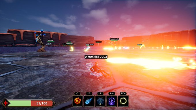 Screenshot of a 3D multiplayer action game featuring a player named 'DimOn4ik16ODZ' engaging in combat with magical effects on a stone platform.