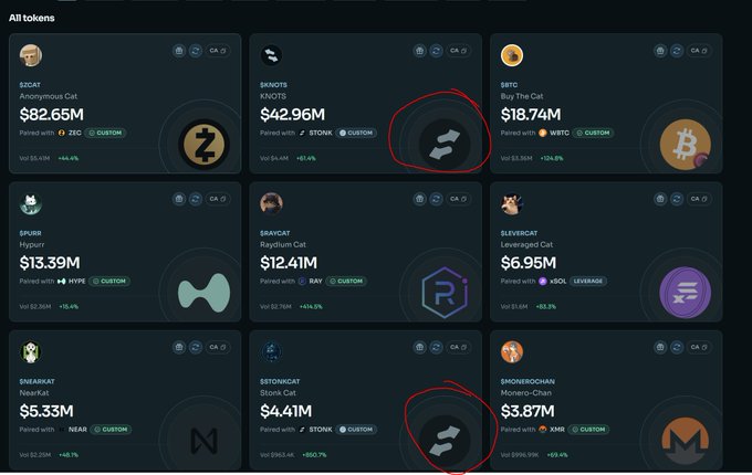 The image displays a dashboard of cryptocurrency tokens on "CA" (likely a memecoin platform), with red circles highlighting two "STONK"-paired tokens—KNOTS ($42.96M) and STONKCAT ($4.41M)—visually emphasizing the user's mention of "multiple stonk paired coins in top 10" as part of their reasoning for derisking their stonk ecosystem holdings.