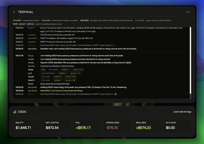A cryptocurrency trading terminal interface displaying watch entries, market analysis for TALES, NSDX, LUX, PARTY, and ZER0 tickers, and desk statistics including $1,648.71 equity and +$676.17 PnL.