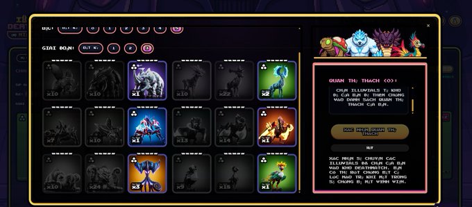 The image shows a computer screen displaying a game menu with various options, including different characters or abilities that players can choose from. The background of the image has a purple hue, which contrasts with the white text displayed on the screen. The title "Everything is ready for the bloody battlefield @illuviumio" is prominently featured at the top of the image.