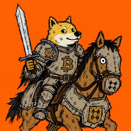 A digital illustration of a Shiba Inu dog dressed as a knight in armor with a Bitcoin logo, riding a horse and holding a sword against an orange background.