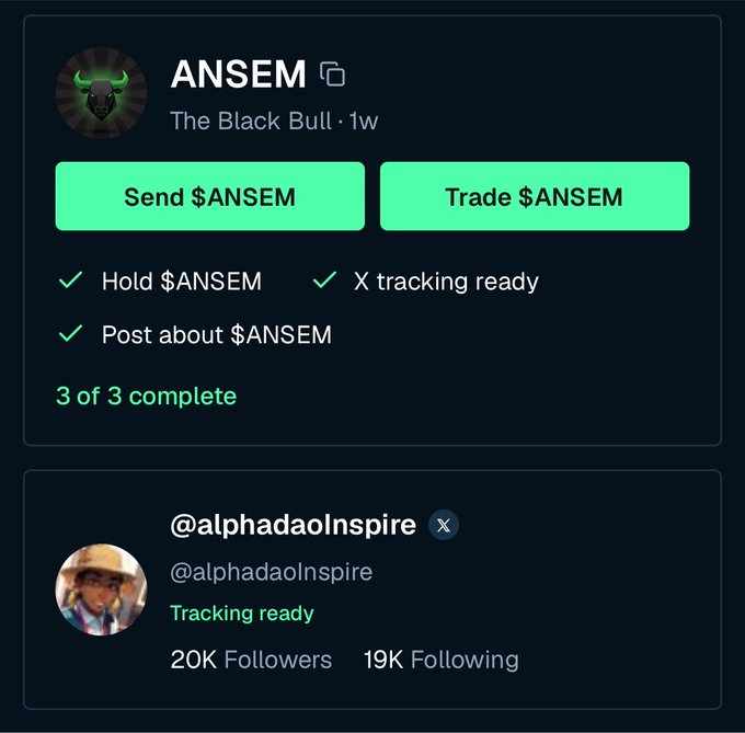 A profile page for $ANSEM ('The Black Bull', 1w) showing 3 of 3 tasks complete including Hold $ANSEM, X tracking ready, and Post about $ANSEM, along with an associated account @alphadaoInspire with 20K Followers.