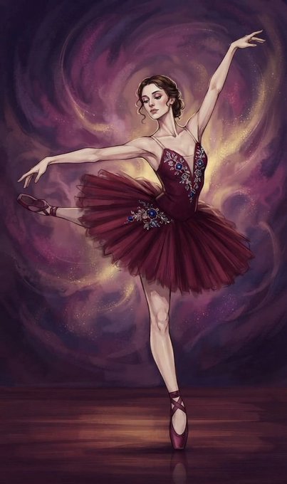 An artistic painting of a ballerina in a deep red tutu posing on pointe against a swirling purple and pink cosmic background.