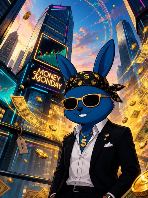 A stylized digital illustration of a blue cartoon rabbit wearing sunglasses, a dollar-sign bandana, gold chain, and suit, surrounded by floating gold coins and dollar bills with a 'Money Monday' sign and stock charts in the background.