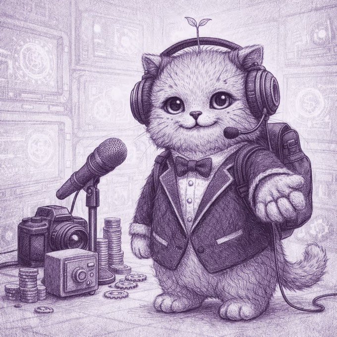 A pencil sketch illustration of a cute white cat wearing headphones, a bow tie, and a suit, standing next to a microphone, camera, and coins.
