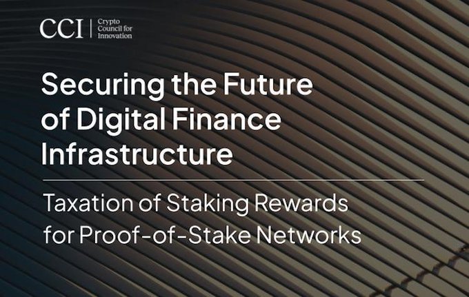 A title card with the CCI (Crypto Council for Innovation) logo reading "Securing the Future of Digital Finance Infrastructure: Taxation of Staking Rewards for Proof-of-Stake Networks" over a wavy brown background.