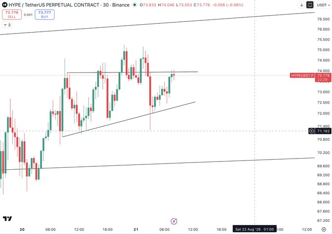 The image shows a 30-minute candlestick chart of the HYPE/USDT perpetual contract on Binance, with HYPE currently trading at $73.776, down 0.08% over 24 hours. The chart illustrates recent price action ranging from the $69-$72 support area up toward the $74 resistance level, visually supporting the post's claim that $76.3 is the next key resistance to watch after reclaiming the highlighted $73.776 level.
