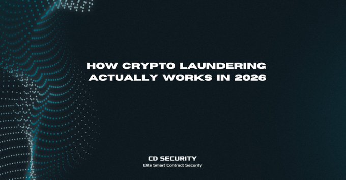 A dark blue/black thumbnail-style graphic with the text 'HOW CRYPTO LAUNDERING ACTUALLY WORKS IN 2026' and 'CD SECURITY - Elite Smart Contract Security' at the bottom, featuring an abstract dotted wave pattern in cyan/teal on the left side.