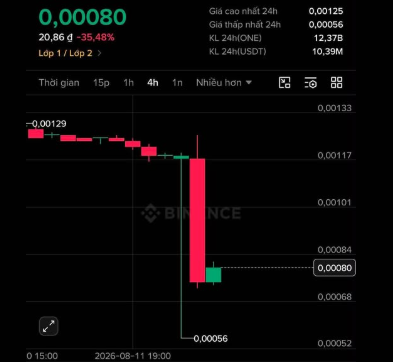 A Binance cryptocurrency trading chart showing a sharp red candlestick drop with the price at '0,00080', a 24-hour change of '-35.48%', and a 24-hour volume of '20,86 d'.
