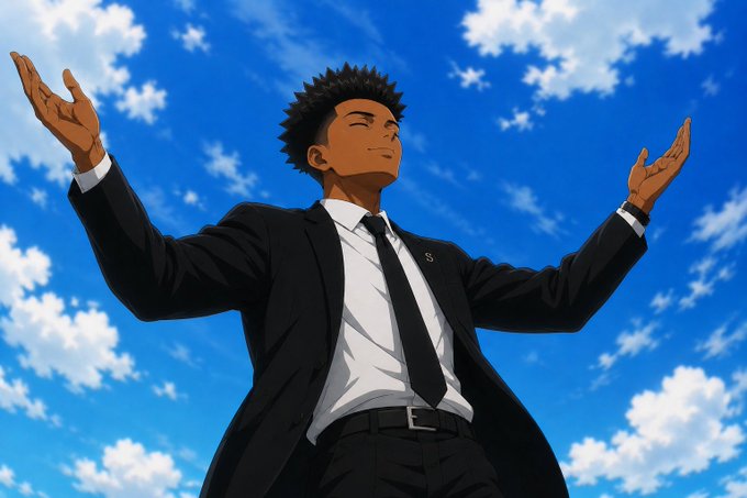 An anime-style illustration depicts a man in a black suit standing with his arms outstretched against a bright blue sky filled with fluffy white clouds.