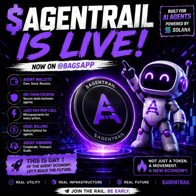 A promotional graphic for "$AGENTRAIL IS LIVE!" on @BAGSAPP, built for AI agents and powered by Solana, featuring features like Agent Wallets, On-Chain Escrow, x402 Pay-Per-Call, USDC Billing, and Agent Swarms.