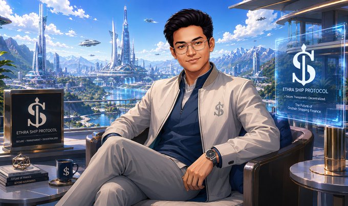 A stylized digital illustration depicts a young man with glasses in a white jacket seated before a futuristic cityscape, with 'ETHRA SHIP PROTOCOL' branding visible on nearby screens.