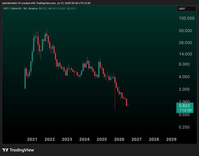 TradingView chart of DOT/TetherUS on Binance showing a long-term monthly price decline from a 2021 peak near 50 to 0.823 USDT as of July 2026.