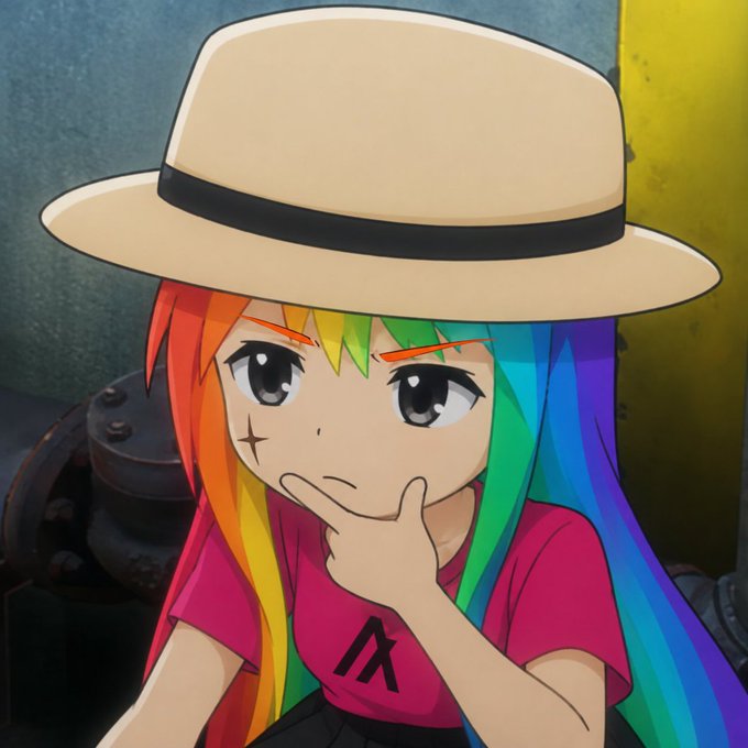 An anime-style character with rainbow-colored hair wears a straw hat and a pink shirt with a logo, resting her chin on her hand.