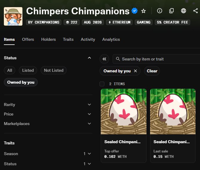 Screenshot of the Chimpers Chimpanions NFT collection on OpenSea, showing two 'Sealed Chimpanion' items owned by the user with a top offer of 0.162 WETH and a last sale of 0.15 WETH.