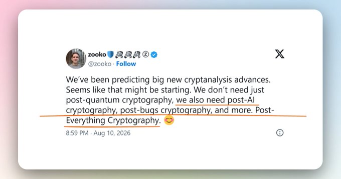 A screenshot of an X (Twitter) post by user zooko (@zooko) from Aug 10, 2026, discussing future cryptographic needs including 'post-quantum cryptography, post-AI cryptography, post-bugs cryptography, and more. Post-Everything Cryptography.'