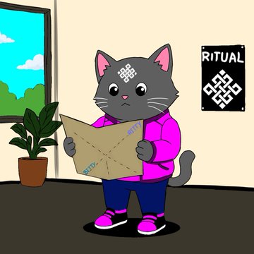A cartoon cat wearing a pink shirt holds a map with 'KITTY' and 'BIT' visible, standing in front of a poster labeled 'RITUAL' with a QR-like code.