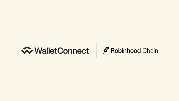 The image displays the WalletConnect and Robinhood Chain logos side by side, illustrating the newly announced integration that connects 700+ wallets to Robinhood Chain's blockchain network designed for onchain finance.