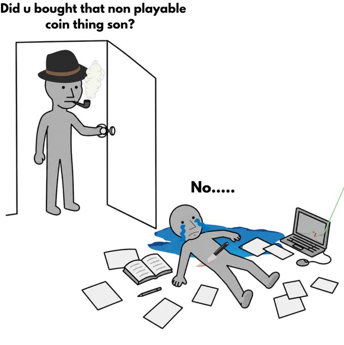A comic-style meme shows a father asking 'Did u bought that non playable coin thing son?' while his son lies crying on the floor with laptop and papers scattered around.