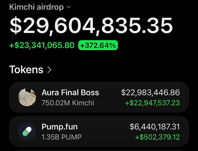 A screenshot of a "Kimchi airdrop" portfolio showing a total value of $29,604,835.35 with a +372.64% gain, featuring holdings in "Aura Final Boss" (750.02M Kimchi, worth $22,983,446.86) and "Pump.fun" (1.35B PUMP, worth $6,440,187.31). The image appears to be promotional material for a supposed crypto airdrop, soliciting users to comment their SOL addresses under the guise of receiving free tokens—a common tactic used in cryptocurrency scams.