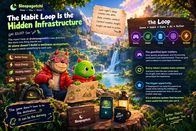 Promotional image for Sleepagotchi by GM $LEEP fam, titled 'The Habit Loop is the Hidden Infrastructure,' featuring cartoon characters in a fantasy landscape and illustrating 'The Loop' (Game + Habit + Data + AI + Action).
