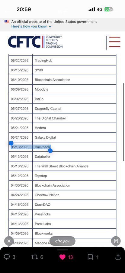 A screenshot of the CFTC (Commodity Futures Trading Commission) website showing a list of meetings scheduled between May and June 2026 with various crypto companies and financial institutions, including Backpack, Blockchain Association, Galaxy Digital, Hedera, Moody's, and The Wall Street Blockchain Alliance. The image supports the post's message about crypto exchanges prioritizing regulatory compliance to attract Wall Street capital, illustrating how exchanges and traditional financial players like Moody's and Galaxy Digital are actively engaging with U.S. regulators to enable institutional adoption.