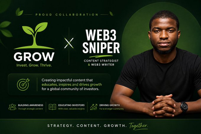 A promotional collaboration banner between 'GROW - Invest. Grow. Thrive.' and 'WEB3 SNIPER' featuring a portrait of a man in a black shirt, with tagline 'STRATEGY. CONTENT. GROWTH. Together.'