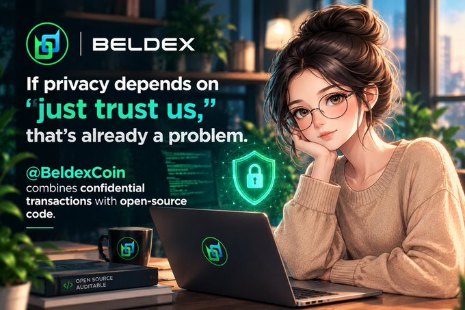 A promotional advertisement for BELDEX (@BeldexCoin) featuring an illustrated woman at a laptop with text: 'If privacy depends on "just trust us," that's already a problem.' It notes BeldexCoin 'combines confidential transactions with open-source code' alongside a shield lock icon and 'Open Source Auditable' book.