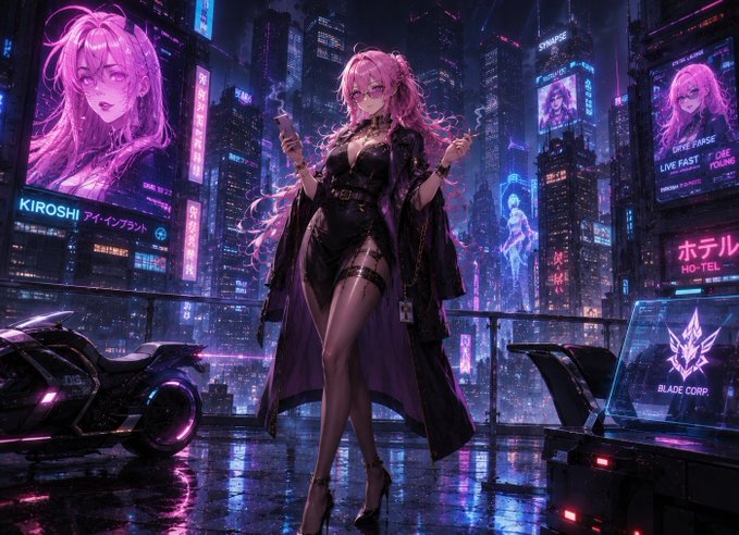 A cyberpunk anime-style illustration of a pink-haired woman in a black dress and coat smoking a cigarette, standing in a neon-lit futuristic cityscape featuring billboards reading 'KIROSHI', 'LIVE FAST DIE YOUNG', 'BLADE CORP', and 'HOTEL' in Japanese.
