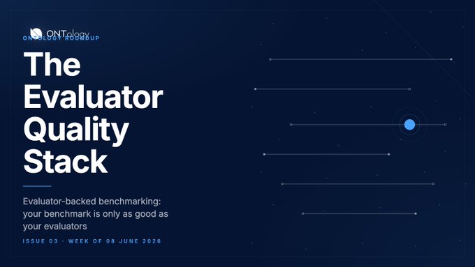 The image shows a blue banner with white text that reads "The Evaluator Quality Stack" against a dark background, accompanied by a small white circle containing an arrow pointing towards the bottom right corner of the image. The text also mentions that the post is from ONTO Wallet and was published on June 03, 2023.