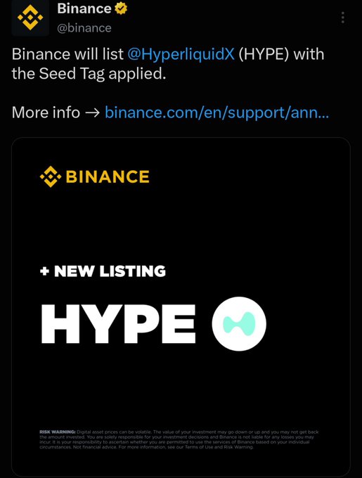 A Twitter/X post from Binance (@binance) announces a new listing for $HYPE token by HyperliquidX with a Seed Tag applied.