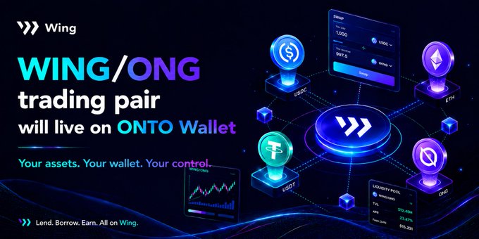A promotional graphic for ONTO Wallet announcing the WING/ONG trading pair, featuring cryptocurrency icons (USDC, ETH, USDT, ONG) and the tagline 'Your assets. Your wallet. Your control.'