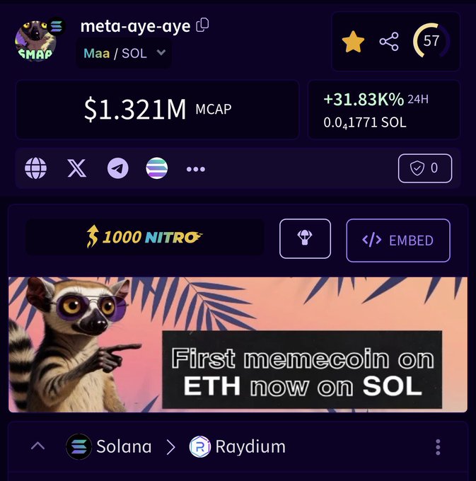 A purple screen with a white title that reads "Dextools updated and 1000 NITRO paid" along with an image of a leopard seal. The image also contains a link to another webpage, possibly a meme or gif from the person's account on social media.