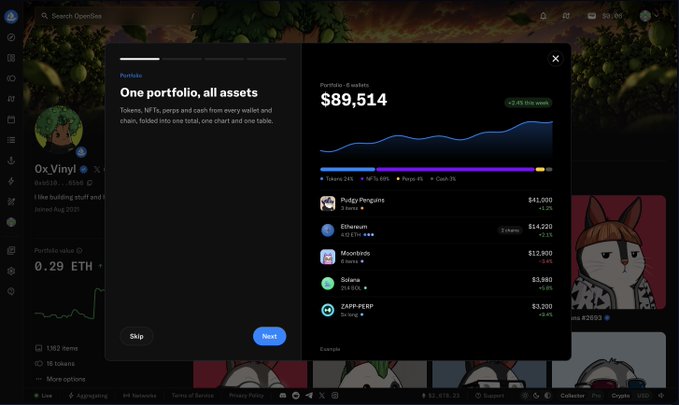 A crypto portfolio dashboard shows 'One portfolio, all assets' with a total balance of $89,514 (up 2.45% weekly) and holdings in Pudgy Penguins, Ethereum, Moonbirds, Solama, and ZAPE-PERP.