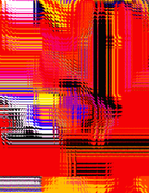 A heavily distorted, glitch-art style image composed of intense red, yellow, blue, and black horizontal and vertical pixelated lines.