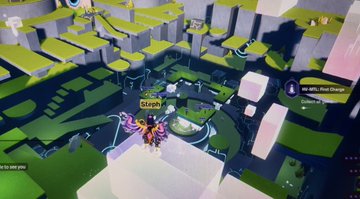 A distorted, glitch-art style video game scene shows a character in purple/orange traversing a fractured green and gray landscape with a 'Sleep' sign and UI elements like 'Wifi, Not Deep'.