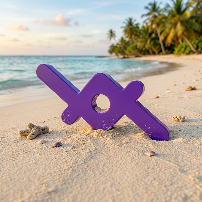 A purple 3D-rendered symbol (resembling the Axelar or Axie cryptocurrency logo) resting on a sandy tropical beach with palm trees and ocean in the background.