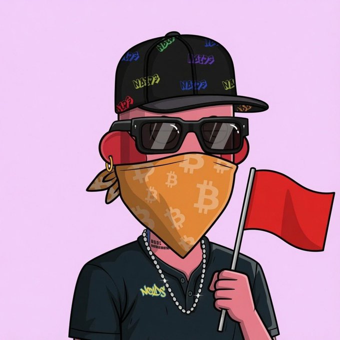 A stylized cartoon character wearing a Bitcoin-themed bandana mask, black sunglasses, a patterned cap, and a beaded necklace holds a red flag, visually echoing the post's "RedFlags_NFT" reference and signaling hyped readiness for the giveaway raffle.