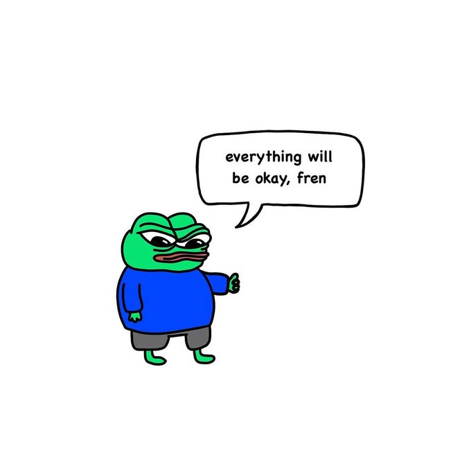 A cartoon illustration of the Pepe the Frog character giving a thumbs-up with a speech bubble that says 'everything will be okay, fren'.