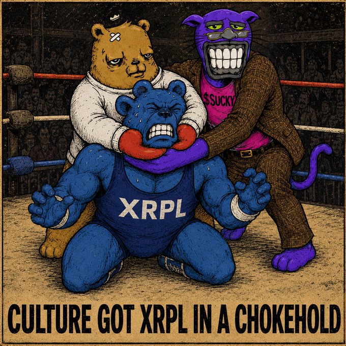 A satirical cartoon depicting a wrestling scene where a bear labeled 'SUCKY' and a purple creature are strangling a blue bear wearing a shirt labeled 'XRPL', with the caption 'CULTURE GOT XRPL IN A CHOKEHOLD'.