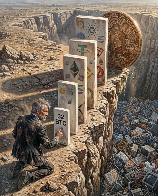 The image features an artist's interpretation of the cryptocurrency market, with a man kneeling down next to a pile of old electronics. The scene depicts a dramatic cliff face with a large Bitcoin coin placed at the top, symbolizing the rise of digital currency in comparison to traditional assets like gold and silver. The artist has used this imagery to convey the idea that cryptocurrencies are gaining momentum and becoming increasingly valuable as opposed to more traditional forms of wealth.