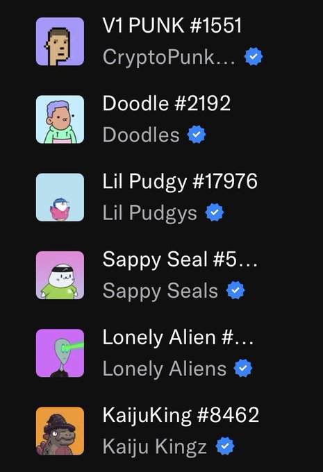 A mobile app interface displaying a list of NFT collections including 'V1 PUNK #1551 CryptoPunks', 'Doodle #2192 Doodles', 'Lil Pudgy #17976', 'Sappy Seal', 'Lonely Alien', and 'KaijuKing #8462 Kaiju Kingz', each with verified checkmarks.