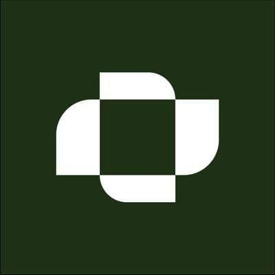 A minimalist logo featuring four overlapping white rounded squares arranged in a pinwheel pattern on a dark olive green background.
