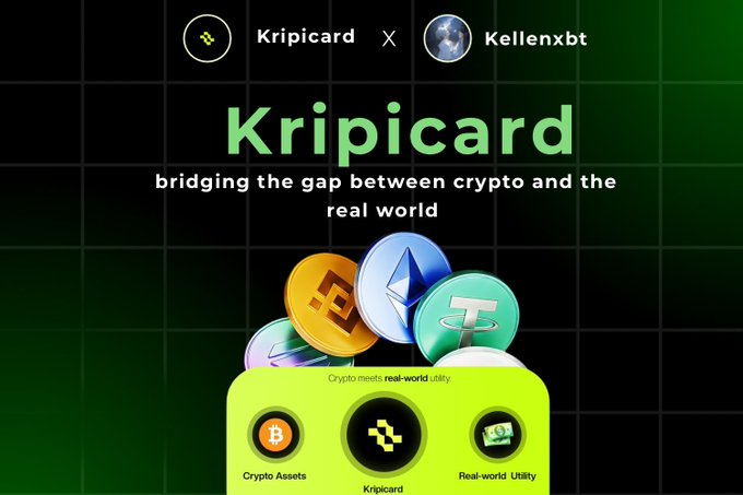 A promotional graphic for "Kripicard" featuring a collaboration between Kripicard and "Kellenxbt," highlighting the tagline "bridging the gap between crypto and the real world." The image showcases various cryptocurrency coins alongside three feature icons: "Crypto Assets," "Kripicard," and "Real-world Utility," directly addressing the poster's experience of being unable to make a purchase despite having USDT and a bank card due to transfer limits.