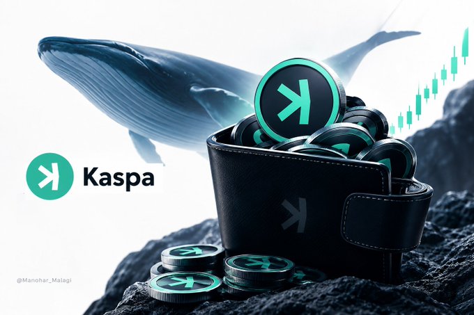 A promotional graphic for Kaspa (KAS) cryptocurrency featuring a blue whale, a leather wallet overflowing with Kaspa coins, the Kaspa logo, and a green candlestick chart indicating price increase, credited to @Manohar_Malagi.