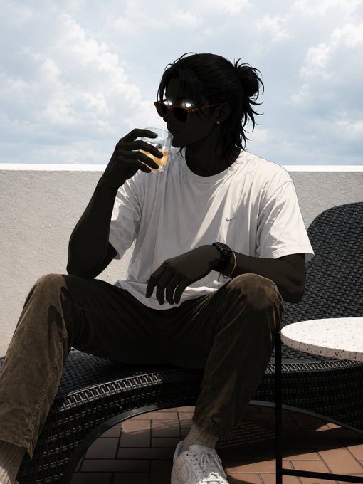 A stylized illustration of a person with dark skin, wearing sunglasses, a white t-shirt, and brown pants, sitting on a black wicker chair and drinking from a glass of orange liquid.