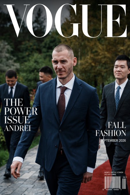 A mock Vogue magazine cover titled 'VOGUE' featuring a man in a dark suit and tie walking outdoors with other suited men; text reads 'THE POWER ISSUE ANDREI', 'FALL FASHION', and 'SEPTEMBER 2026'.