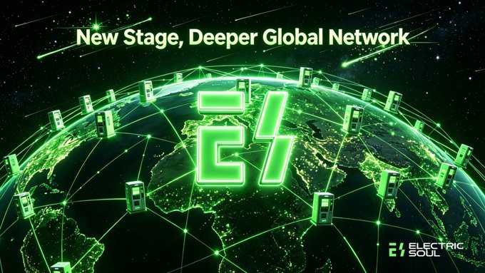 The image features a green globe with numerous small green lights representing electric vehicles (EVs) connected through a network of power lines. The text "New Stage, Deeper Global Network" suggests that this project is focused on advancing EV charging infrastructure worldwide. The phrase "Electric Soul continued moving forward at the intersection of real-world scenarios and RWA value expression" implies that the project's goal is to improve the efficiency and accessibility of electric vehicle charging by optimizing power distribution systems.